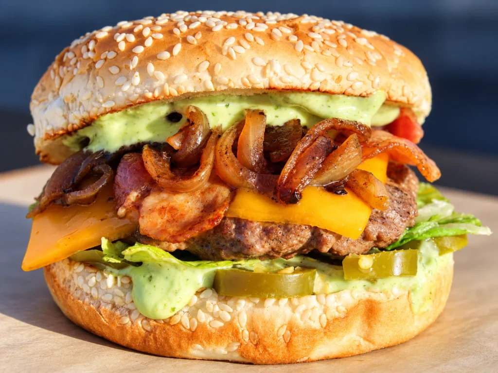 Mambo Spicy Beach Burger with cheddar cheese, smoked bacon, jalapeños, caramelized onions, lettuce, and avocado-lime sauce.