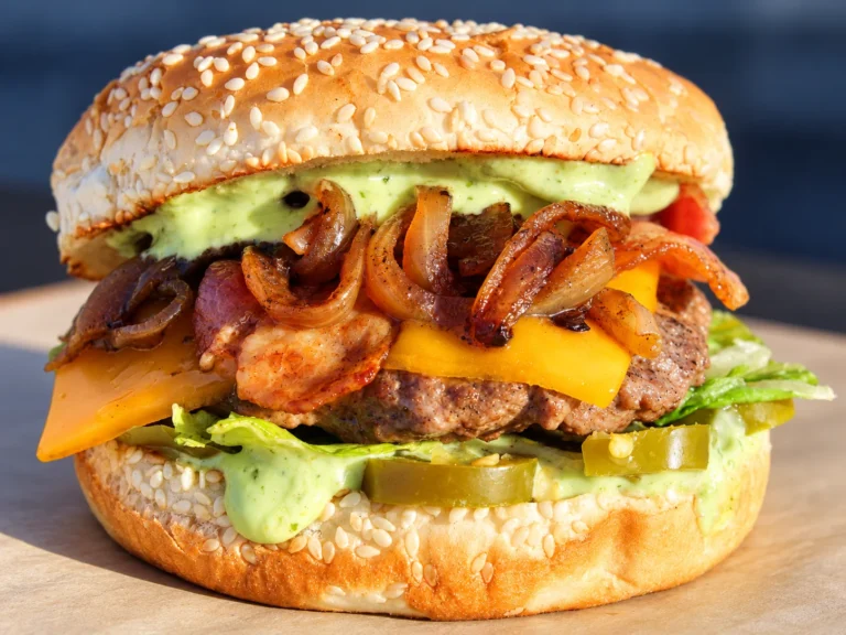 Mambo Spicy Beach Burger with cheddar cheese, smoked bacon, jalapeños, caramelized onions, lettuce, and avocado-lime sauce.