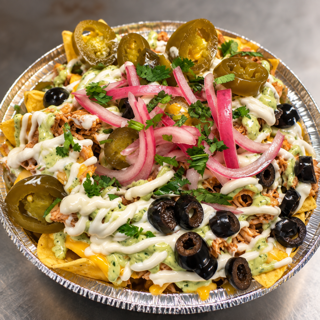 Mambo Supreme Nachos with chicken, cheese sauce, black olives, jalapeños, pickled onions, herbs, and creamy sauces.