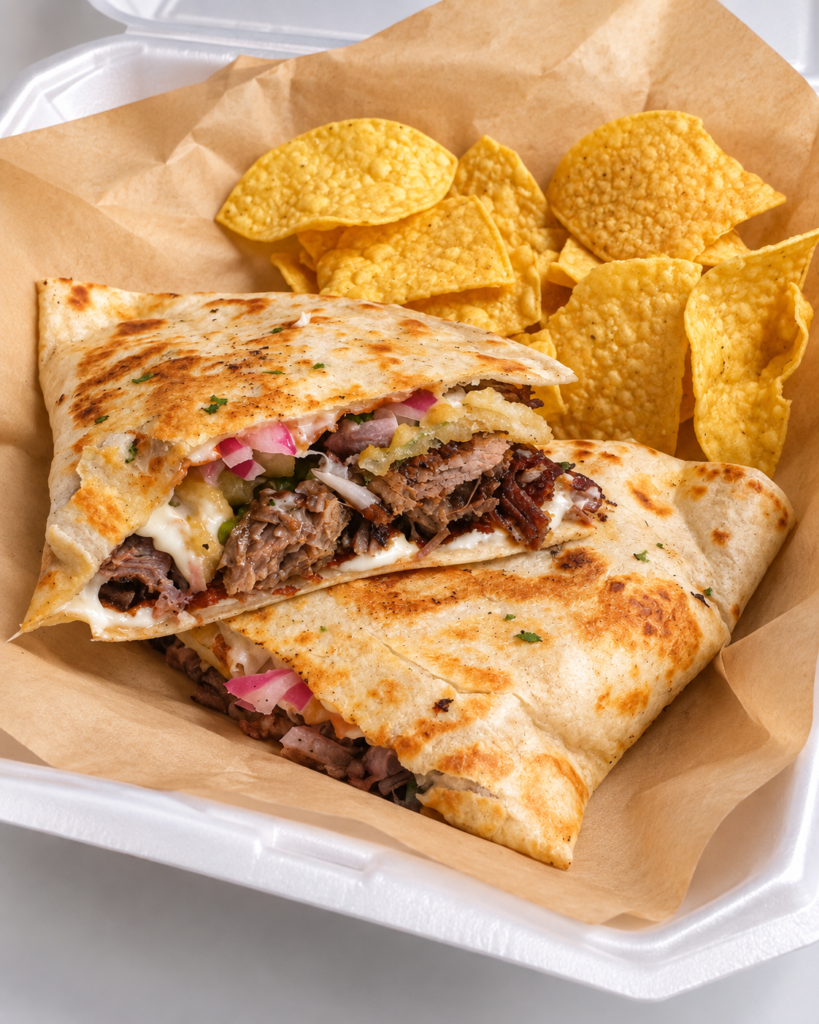 Griddled Mambo Taco quesadilla filled with meat, melted cheese, onions, and sauce, served with tortilla chips.