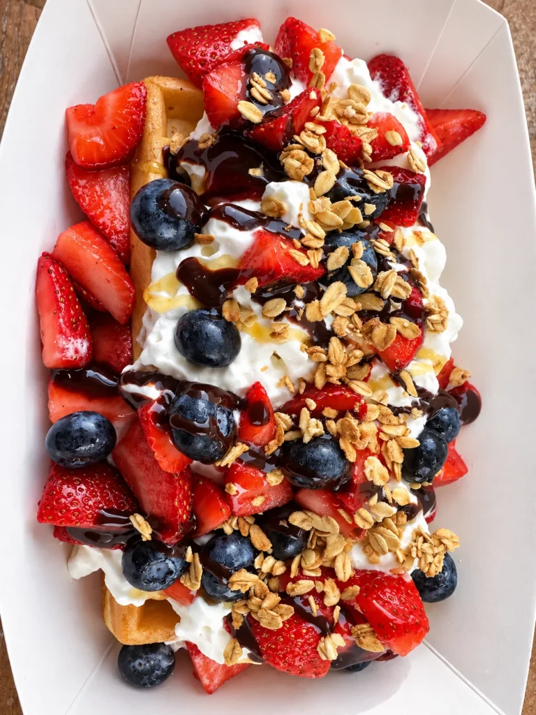 Sunny Side waffle topped with strawberries, blueberries, cream, granola, and chocolate drizzle.