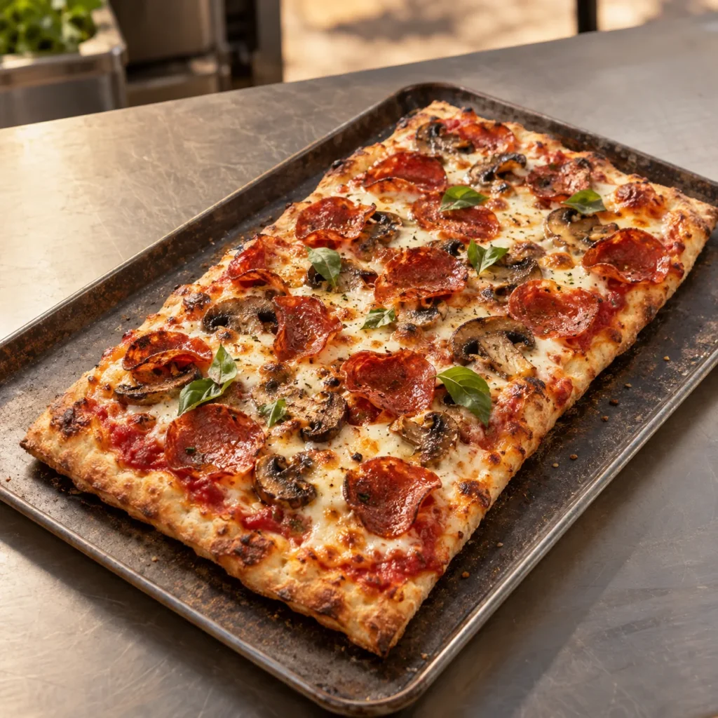 Rectangular Vesta flatbread pizza with pepperoni, mushrooms, melted cheese, and basil.