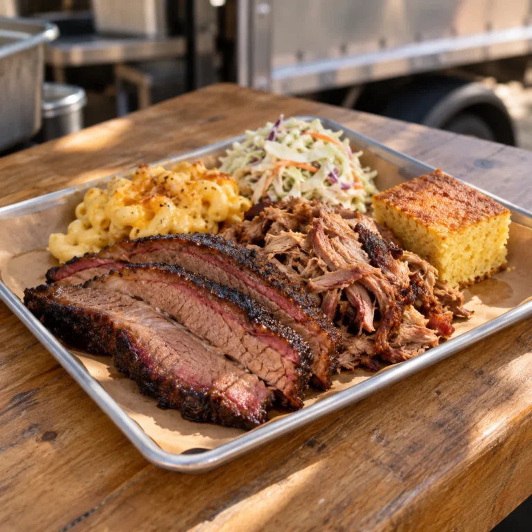 Viking BBQ platter with sliced brisket, pulled pork, mac and cheese, coleslaw, and cornbread.