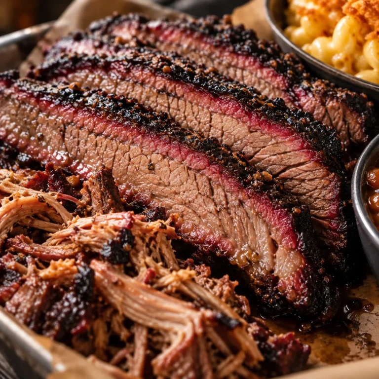 Close-up of sliced smoked brisket and pulled pork with BBQ sides.