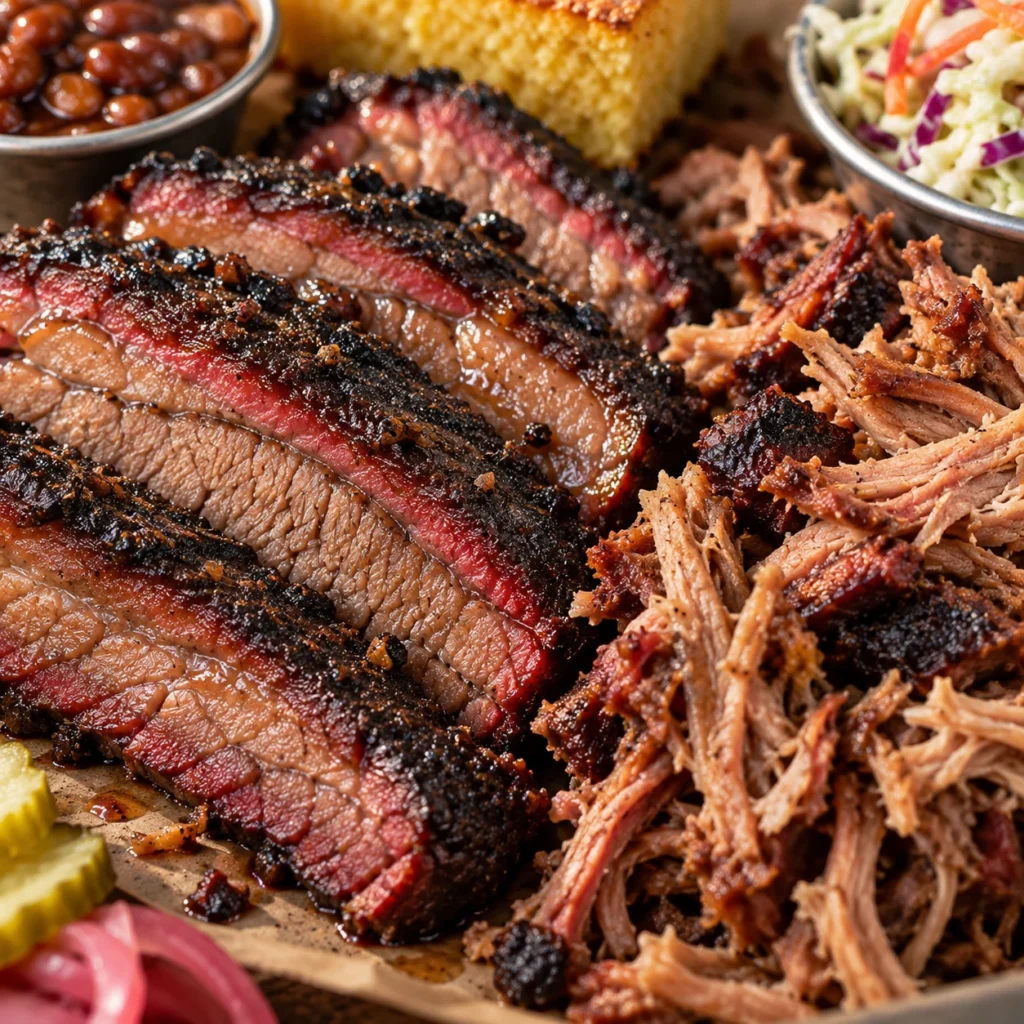 Close-up of smoked brisket and pulled pork with cornbread, beans, and coleslaw.