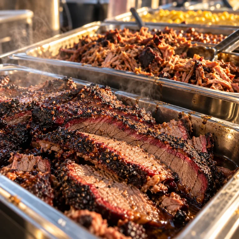 Close-up of sliced brisket and pulled pork in a BBQ catering service line.