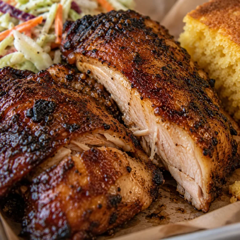 Close-up of smoked chicken with coleslaw and cornbread.